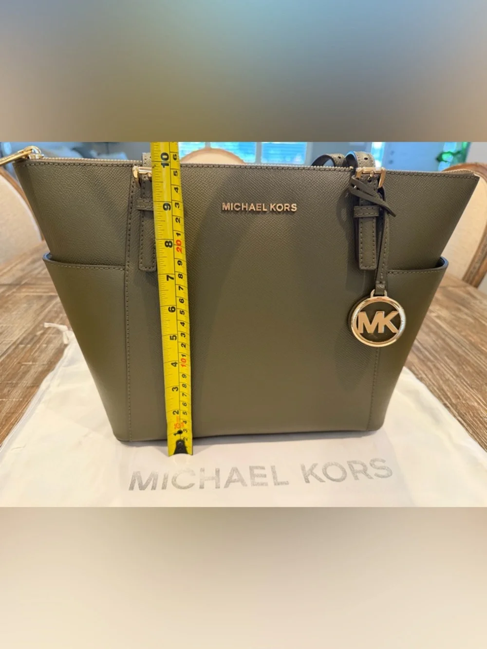 Michael Kors Dark Olive Saffiano Leather Tote with Gold Logo Charm - Picture 14 of 16
